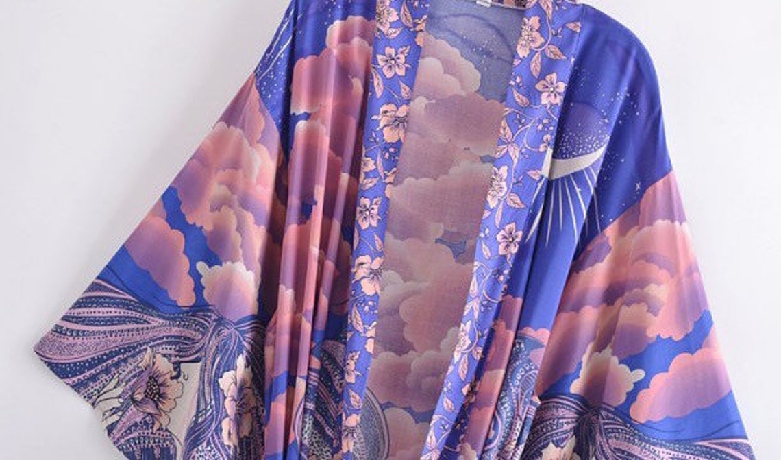 Pink and Blue Celestial Moon Goddess Print Kimono Robe Now | Etsy