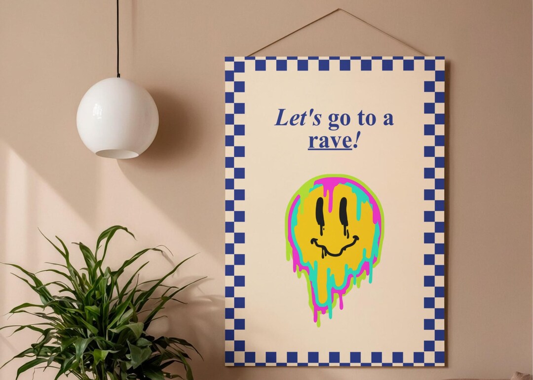 Lets Go to A Rave Poster | Blue Checkered Wall Art Print | A3 Digital ...