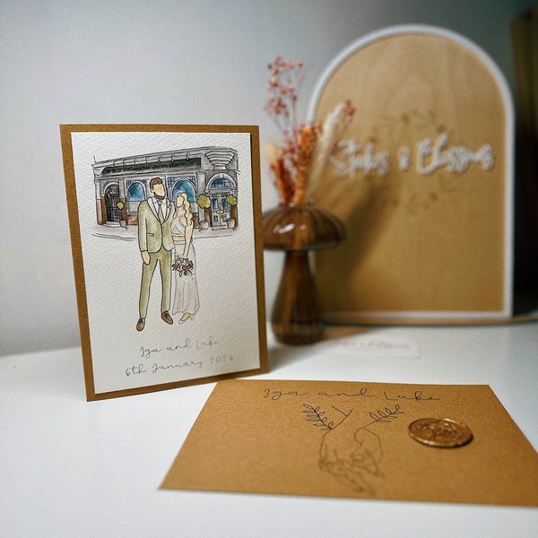 Wedding card (personalised), wedding anniversary card, handmade, personalised portrait, with illustrated/personalised envelope & wax seal