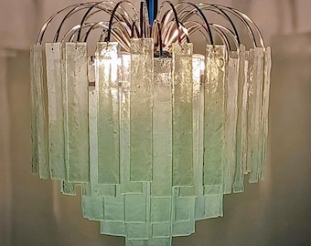 Chrome Fountain Chandelier Hand-made with Iridescent fused recycled glass Strips