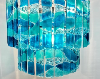 Aqua Wave Glass Chandelier: Two-Tiered Modern Lighting, Recycled Materials