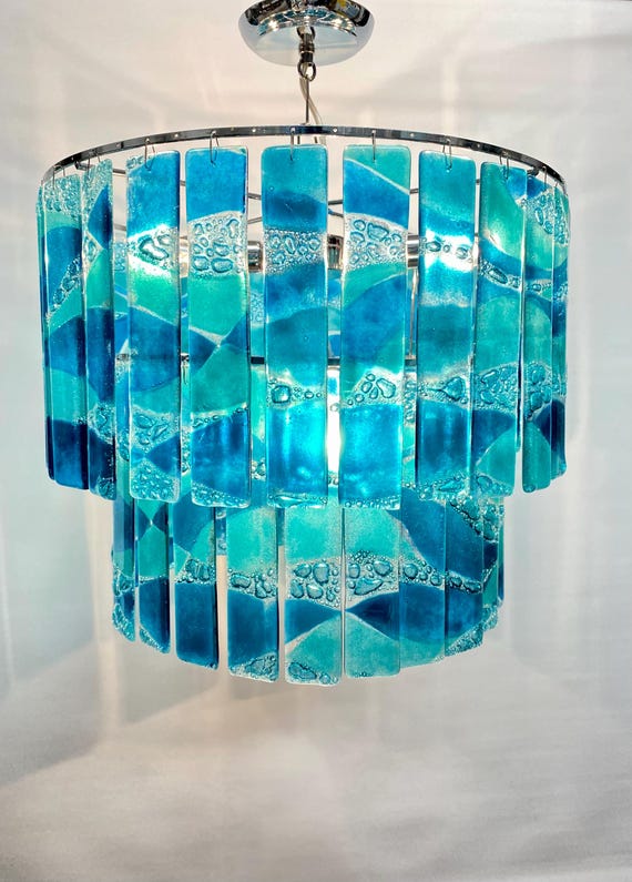 Aqua Wave Glass Chandelier: Two-Tiered Modern Lighting, Recycled Materials