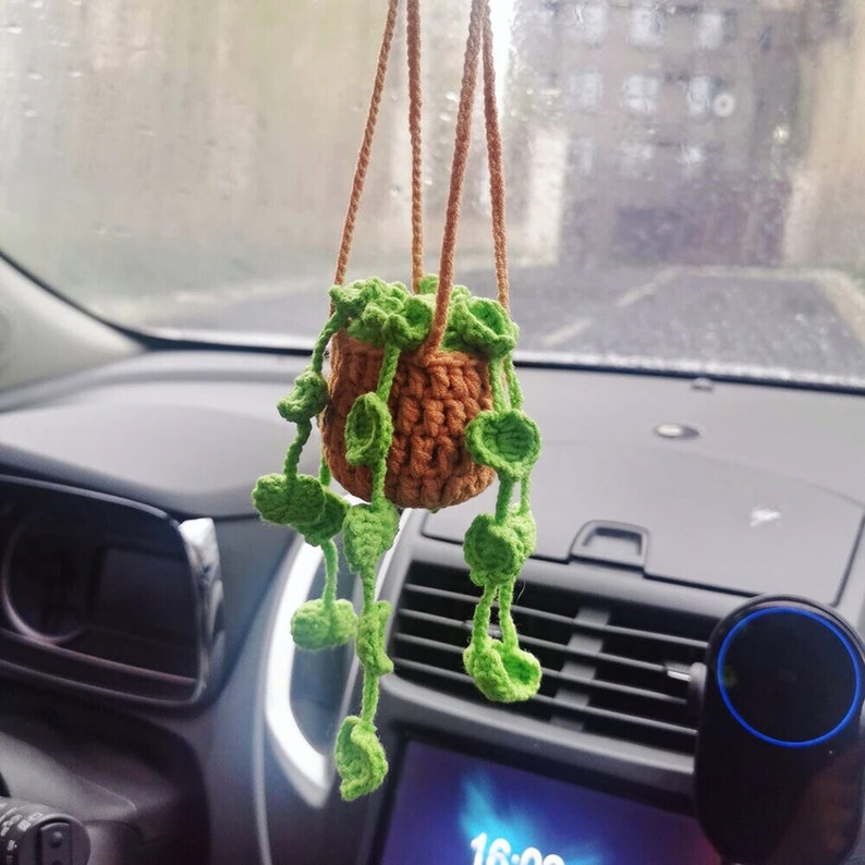 Crochet Car Plant Hanging Mirror Decor Knitted Plant Etsy
