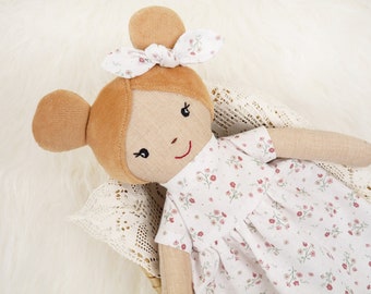 Cotton rag doll with romantic floral dress, hand-sewn blonde doll Olivia, romantic children's doll, baby toys with sheep's wool organic