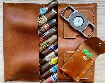 Leather Cigar Case with Cigar Matches - Leather Cigar Roll - Travel Cigar Case