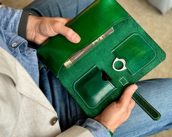 Green Hand-Dyed Leather Cigar Case - Carry 4 Cigars and Cigar Tools - Personalize with optional monogram