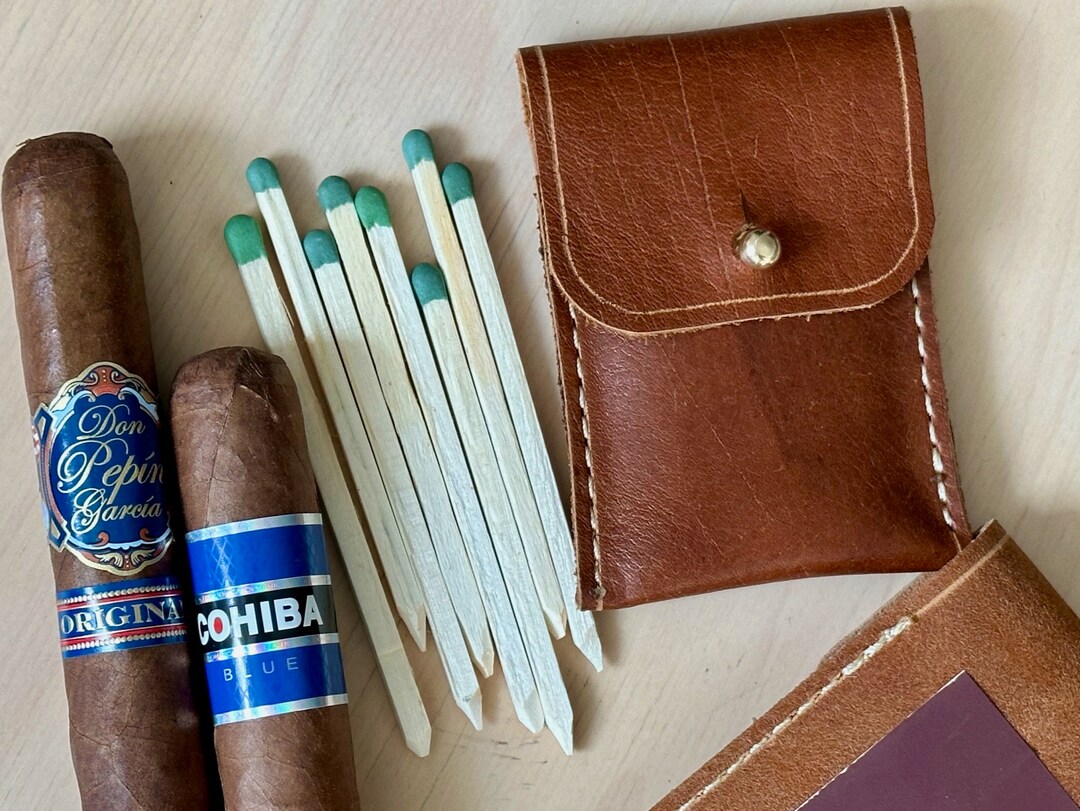 Handcut Cigar Matches With Leather Matches Case Match Striker on Case
