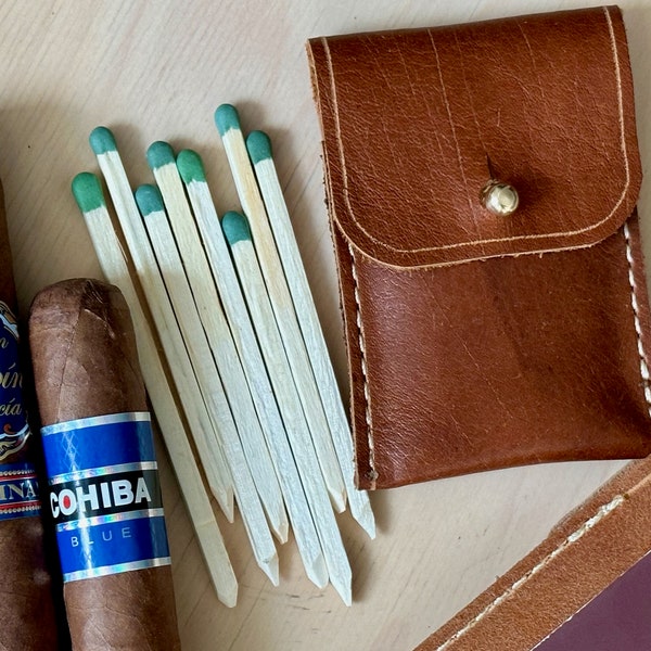 Hand-cut Cigar Matches with Leather Matches Case - Match Striker on Case