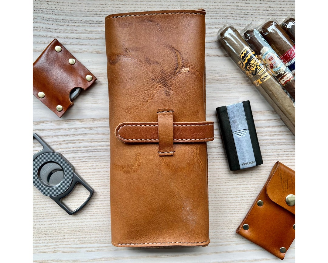 Leather Cigar Case Carry 4 Cigars and Cigar Tools Personalize With Optional Monogram Multiple