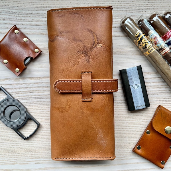 Leather Cigar Case - Carry 4 Cigars and Cigar Tools - Personalize with optional monogram - Multiple Color Options Available