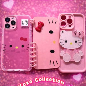 May include: Pink phone cases with Hello Kitty designs. One case is clear with a pink Hello Kitty graphic, another is a pink folio case with a bow, and the third is a pink case with a 3D Hello Kitty figure. Text reads "Sparkle and Elegance for Your Phone" and "Xoxo Collection".