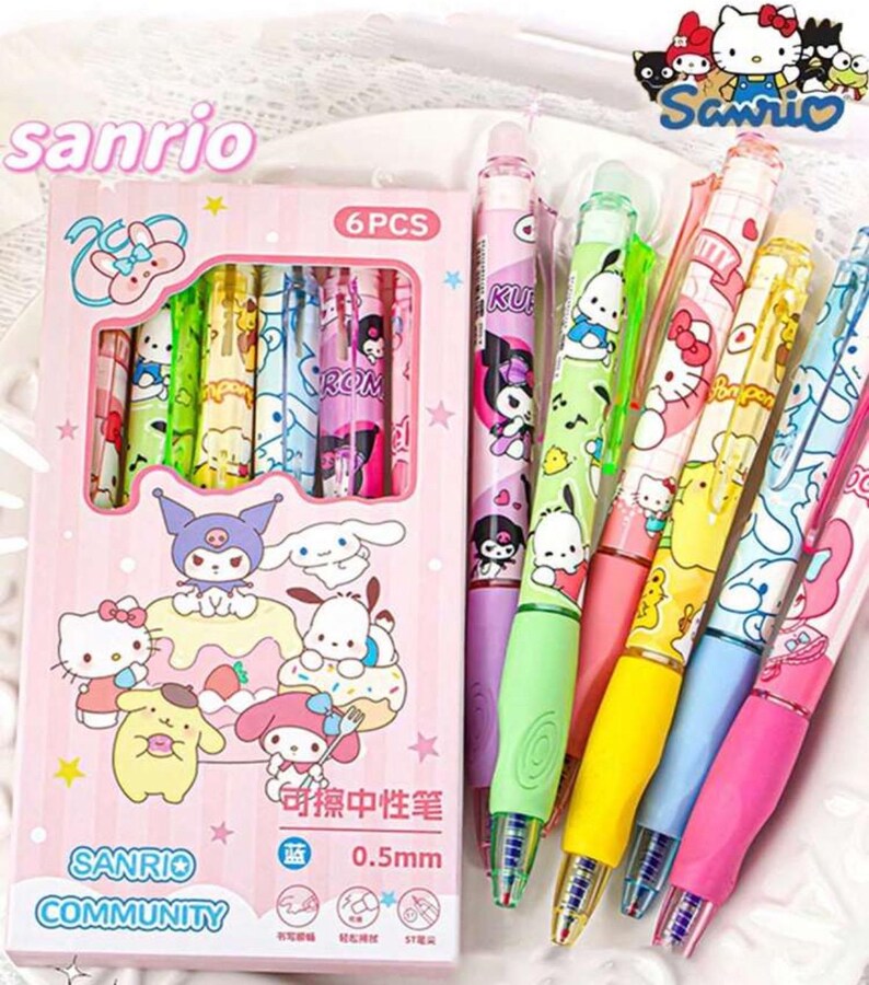 Set de 6 bolígrafos de gel Hello Kitty con tinta negra y secado rápido - Incluye pegatinas, libro para colorear, personajes de Sanrio (Kuromi, Melodi, Pocheco, Cinnamon Roll) y set de regalo. 6pc Sanrio character