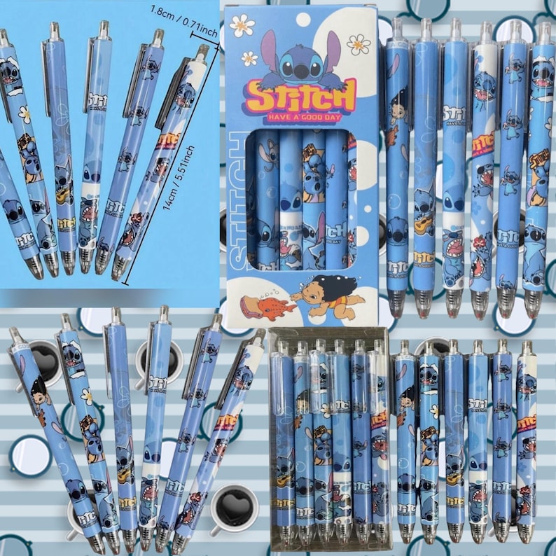 Puede incluir: Un juego de bol&iacute;grafos retr&aacute;ctiles azules con gr&aacute;ficos del personaje Stitch y el texto Stitch Have a Good Day. Los bol&iacute;grafos miden 14 cm de largo y 1,8 cm de ancho, presentados en una caja de cart&oacute;n azul a juego con ventana transparente.