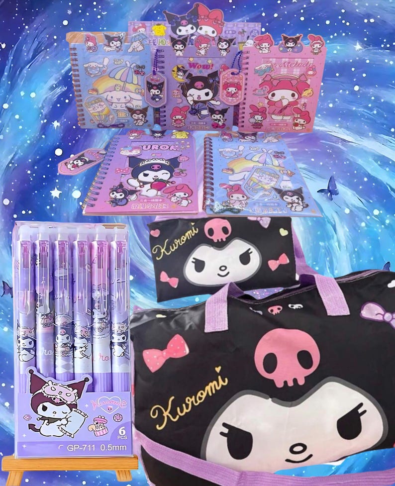 Puede incluir: Una colecci&oacute;n de papeler&iacute;a de personajes Sanrio que incluye cinco cuadernos de espiral con gr&aacute;ficos de Kuromi y My Melody, un paquete de seis bol&iacute;grafos de gel de 0,5 mm, un estuche negro con estampado de calavera y un bolso negro con Kuromi.