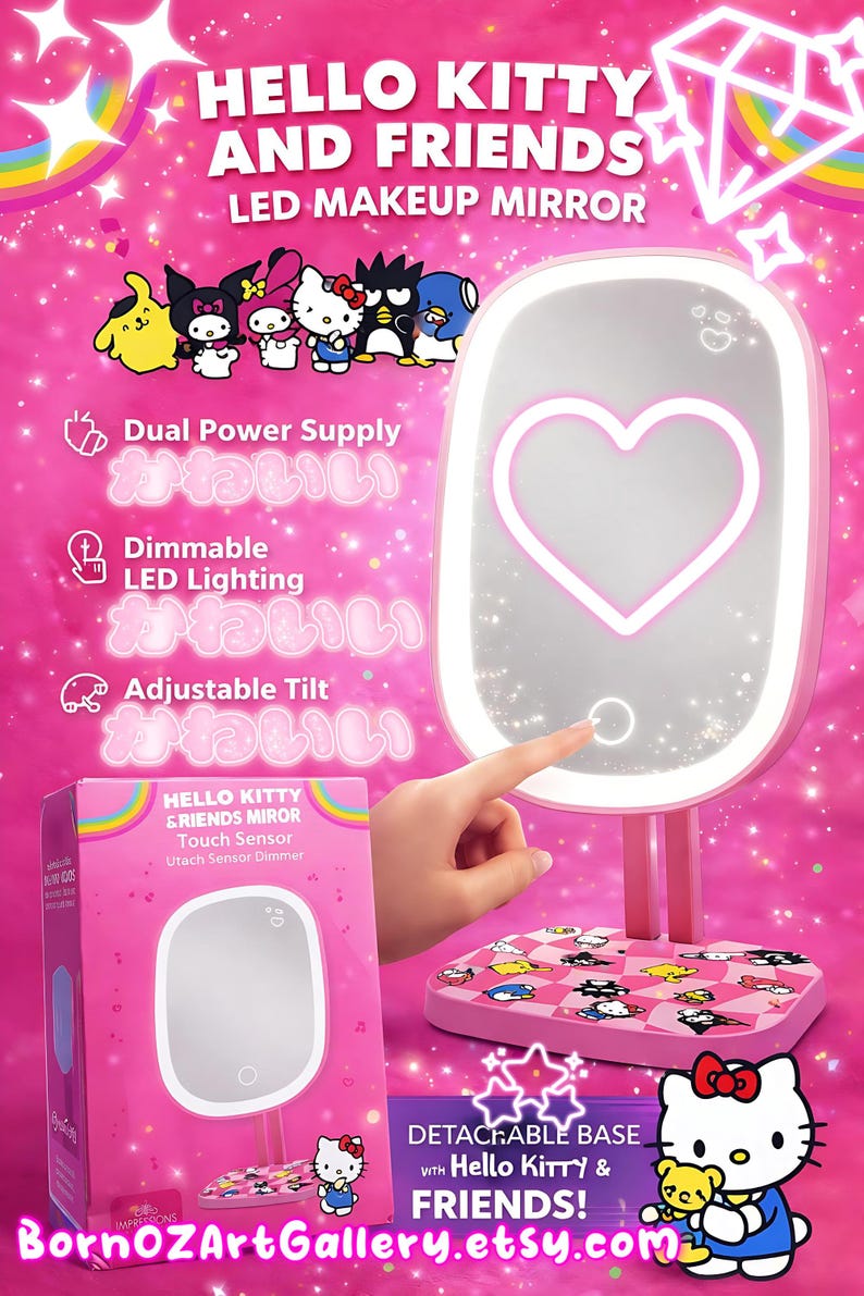 Puede incluir: Un espejo de maquillaje LED rosa de Hello Kitty and Friends con luz en forma de coraz&oacute;n, sensor t&aacute;ctil e inclinaci&oacute;n ajustable. La base tiene un patr&oacute;n de cuadros con gr&aacute;ficos de personajes. Incluye doble fuente de alimentaci&oacute;n y luz LED.