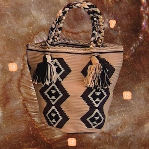 Puede incluir: Un bolso tote tejido con asa trenzada y borlas decorativas. El bolso presenta un patrón geométrico en blanco y negro sobre un fondo beige. El diseño del bolso es un accesorio elegante.
