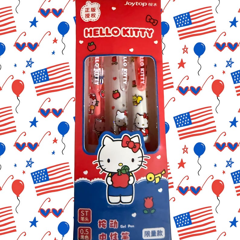 Puede incluir: Una caja de embalaje rectangular roja que contiene tres bol&iacute;grafos de gel con gr&aacute;ficos de Hello Kitty. La caja muestra el texto HELLO KITTY, Joytop y 0.5. El patr&oacute;n de fondo consiste en banderas estadounidenses, globos azules y gafas de coraz&oacute;n.