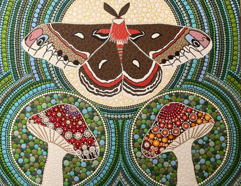 Moth and Mushrooms Dot Art, Nature Dot Art, Dot Mandala Art, Hand Painted Canvas, Nature Dot