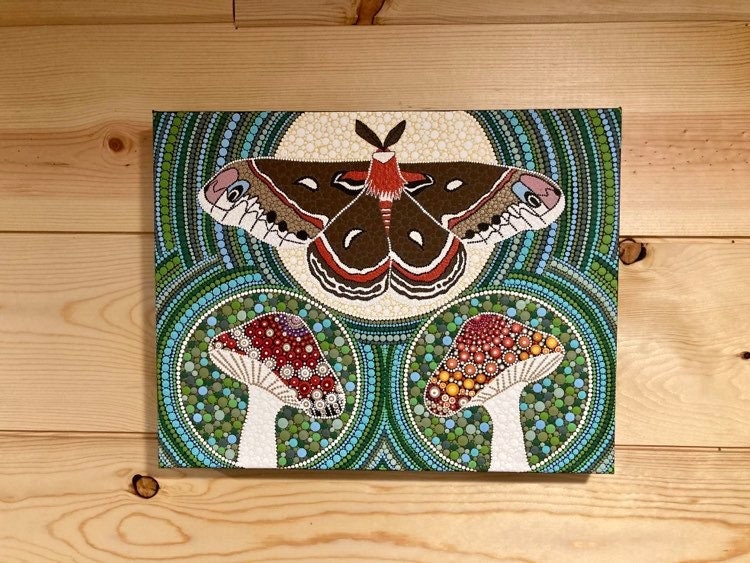 Moth and Mushrooms Dot Art, Nature Dot Art, Dot Mandala Art, Hand Painted Canvas, Nature Dot