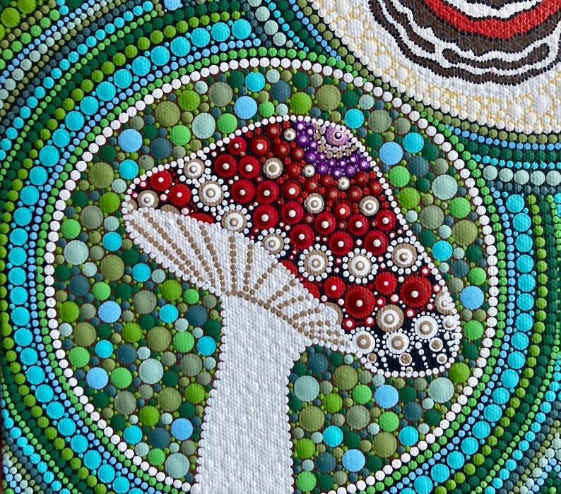 Moth and Mushrooms Dot Art, Nature Dot Art, Dot Mandala Art, Hand Painted Canvas, Nature Dot