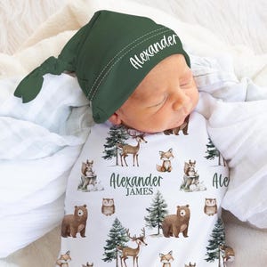 Personalized Woodland Swaddle Set - Baby Boy Swaddle Blanket with Bear, Fox -Forest Animal baby Blanket- Hospital Coming Home Outfit s368
