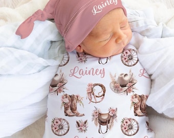 Boho Western Swaddle Set- Personalized Baby Girl Cowgirl Swaddle Blanket with Cowboy Boots and Hat- Hospital outfit -Newborn blanket- S561