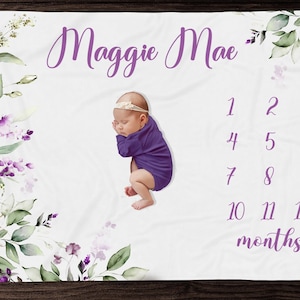 Purple Floral Milestone Blanket Girl - Month Blanket-Personalized Baby Girl Blanket - Lavender Floral Baby Shower Gift -Lilac Nursery 325