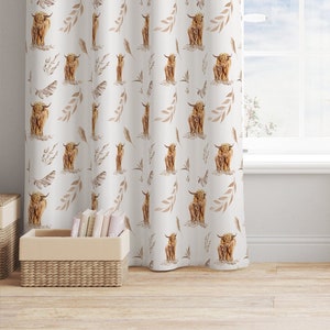 Highland Cow Curtains- Boho Leaf Blackout Curtains -Custom Sheer Drapes -Boho Highland Cow Nursery Decor -Custom Boys Nursery Curtains -C311