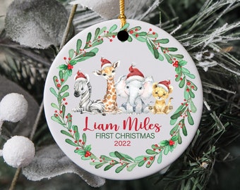 Safari Animal Baby's First Christmas Ornament - Personalized Baby Christmas Ornament - New Baby Gift- Holiday Ornament -  My 1st Christmas-