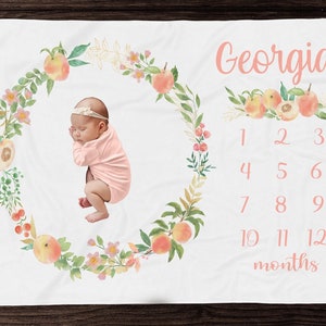 Manta de hitos de bebé niña en color melocotón - Manta floral de mes en color melocotón - Manta personalizada para niña - Fotos de recién nacidas - Regalo personalizado para baby shower - M306
