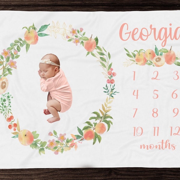 Baby Girl Peach Milestone Blanket -Peach Floral Month Blanket-Personalized Baby Girl Blanket - Newborn Photos-Custom Baby Shower Gift - M306