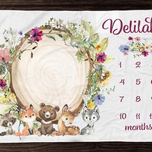 Manta de flores silvestres para bebé niña, manta floral del mes del bosque, manta personalizada para niña, fotos de recién nacidas, regalo para baby shower, M308