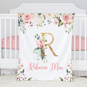 Personalized Baby Girl Blanket -Vintage Floral Blanket Girl -Custom Baby Bedding with Roses -Baby Shower Gift -Monogrammed Baby Name Blanket