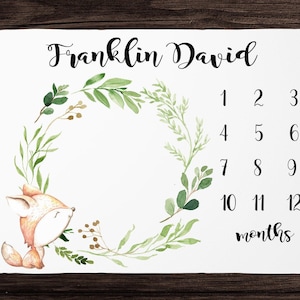 Fox Milestone Blanket Boy Monthly Growth Blanket-Personalized Baby Boy Blanket with Woodland Animals & wreath- Woodland Baby Boy Shower Gift