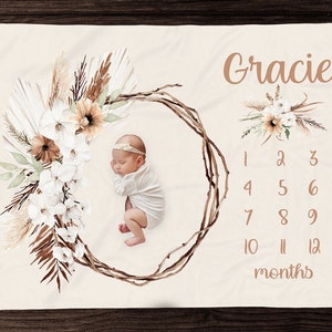 Manta Boho Milestone para niña - Manta de mes - Manta personalizada para niña - Regalo personalizado para baby shower - Regalo para recién nacido estilo Boho neutro
