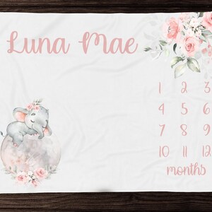 Manta de hito de elefante floral para niña - Manta de mes - Manta personalizada para niña - Elefante durmiendo en la luna - Regalo personalizado para baby shower 321