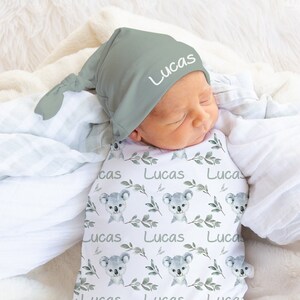 Baby Boy Koala Swaddle Set with Name- Blanket Beanie Hat -Personalized Baby Boy Blanket -Newborn Hospital Photo -Koala Baby Shower Gift
