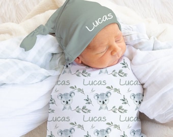 Baby Boy Koala Swaddle Set with Name- Blanket Beanie Hat -Personalized Baby Boy Blanket -Newborn Hospital Photo -Koala Baby Shower Gift