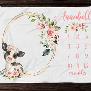 Bloemen koe mijlpaal deken - roze bloem baby meisje maand deken - aangepaste leeftijd groeimeter - gepersonaliseerde babyshower cadeau aandenken - M315