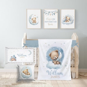 Teddy Bear Crib Bedding Set Baby Crib Bedding, Blue Nursery Decor Boy, Teddy Bear Nursery Bedding, Moon Stars Baby Bedding Crib Sets Boy 340