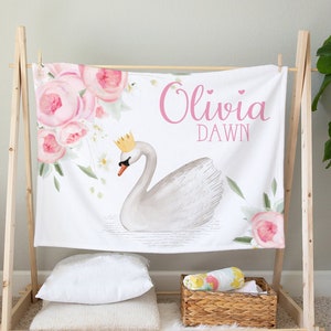 Personalized Baby Girl Blanket - Floral Swan Baby Blanket Girl with Name -Baby Girl Shower Gift -Swan Princess - Peonies Baby Blanket