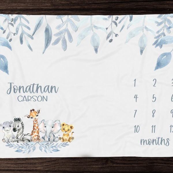 Safari Animal Milestone Blanket Boy Monthly Photos Blanket-Personalized Baby Boy Blanket with Watercolor Safari Animals Baby Shower Gift 329