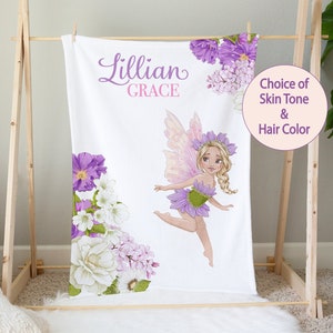 Fairy Blanket with Name -Personalized Baby Girl Blanket - Little Girl Fairy Blanket- Black Fairy Baby Bedding -Woodland Fairy Gift for Girl
