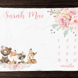 Floral Woodland Baby mijlpaaldeken meisje, gepersonaliseerde meisjesdeken Track babygroei, maandelijkse groeideken, Woodland babydeken meisje