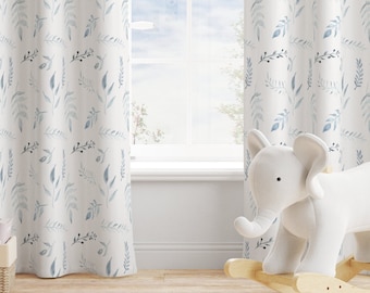 Blue Leaf Curtains- Simple Greenery Blackout Curtains - Custom Sheer Drapes - Blue Grey Home Decor - Custom Boys Nursery Curtains -329