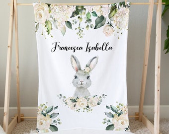 Bunny Baby Blanket Girl - Vintage Floral Blanket Girl with Rabbit - Personalized Baby Girl Blanket -Woodland Baby Shower Gift -Name Blanket