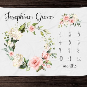 Vintage Pink Floral Milestone Blanket Girl- Monthly Growth Blanket-Personalized Baby Girl Blanket  -Baby Shower Gift Custom Baby Blanket