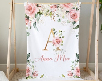 Personalized Baby Girl Blanket -Vintage Floral Blanket Girl -Custom Baby Bedding with Roses -Baby Shower Gift -Monogrammed Baby Name Blanket