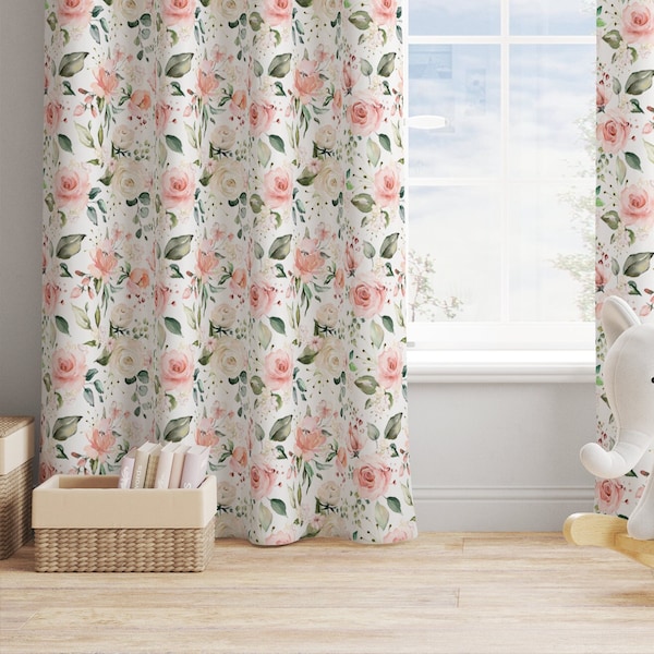 Vintage Floral Curtains- Pink Roses - Flowers Blackout Curtains - Custom Sheer Drapes Curtains For Girl Bedroom -Floral Nursery Decor - 315