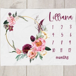 Bourgondische bloemen Boho baby mijlpaaldeken meisje, gepersonaliseerde meisjesdeken, babygroei bijhouden, maandelijkse groeideken, deken babymeisje